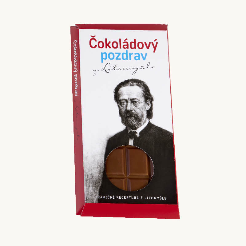 Čokoláda balená v papírovém obalu s portrétem Bedřicha Smetany